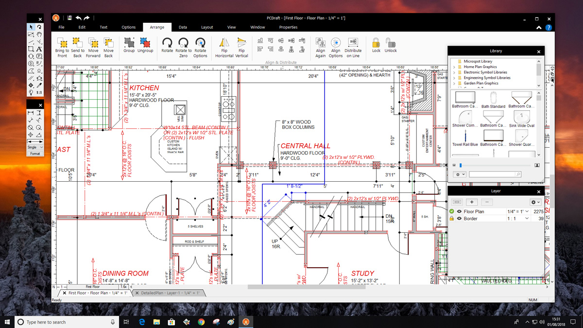 PCDraft Pro showing a professional 2D CAD drawing on Windows