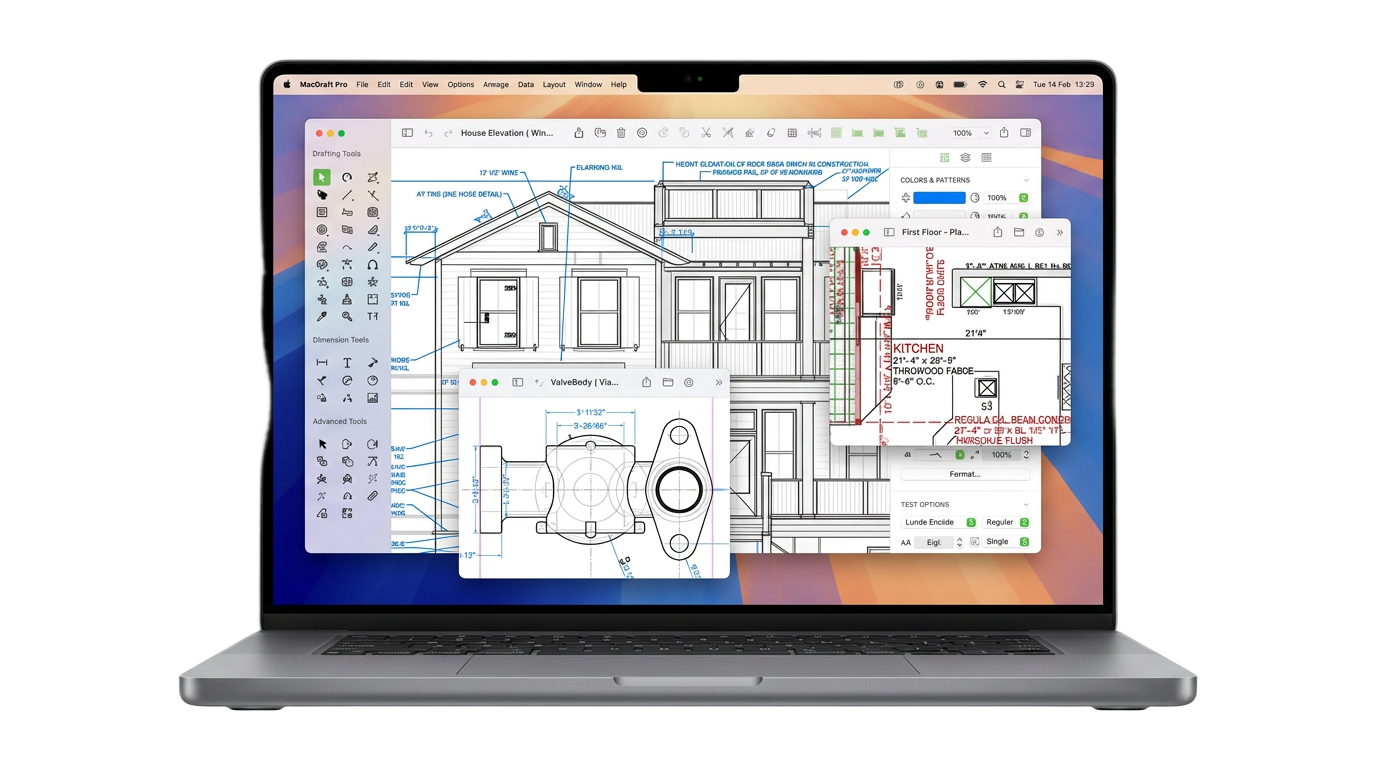 MacDraft Pro showing a professional 2D CAD drawing on macOS